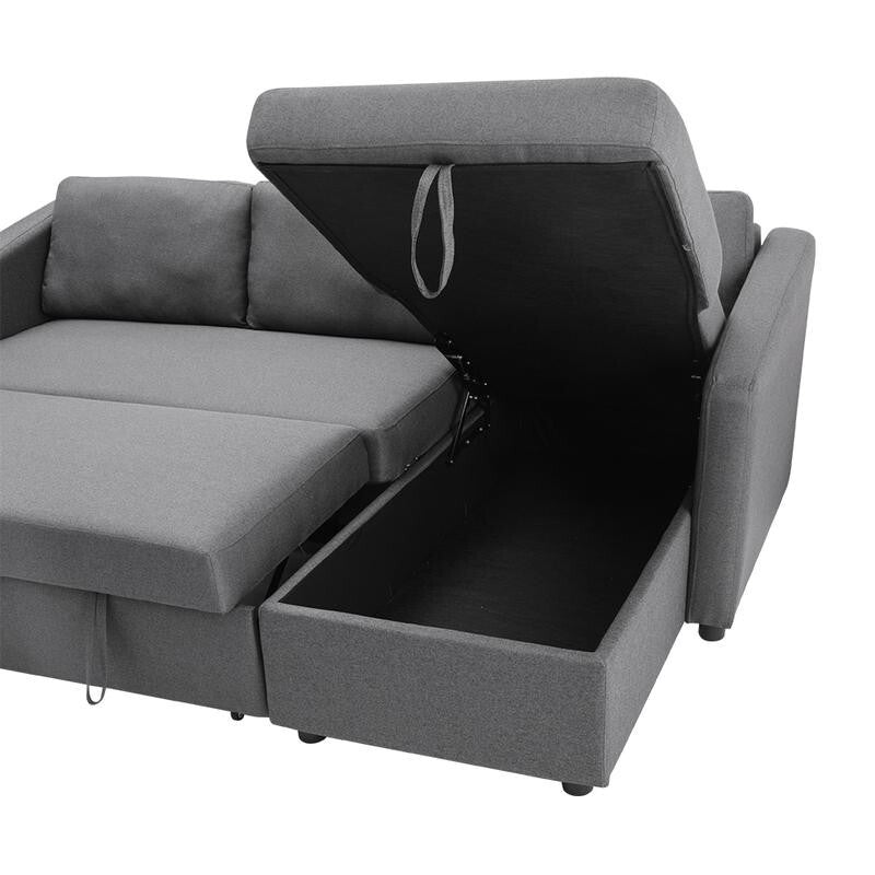 Grey Corner Sofa Bed with Storage 3 Seater Pull Out Sleeper Couch for Flats - Kwikley