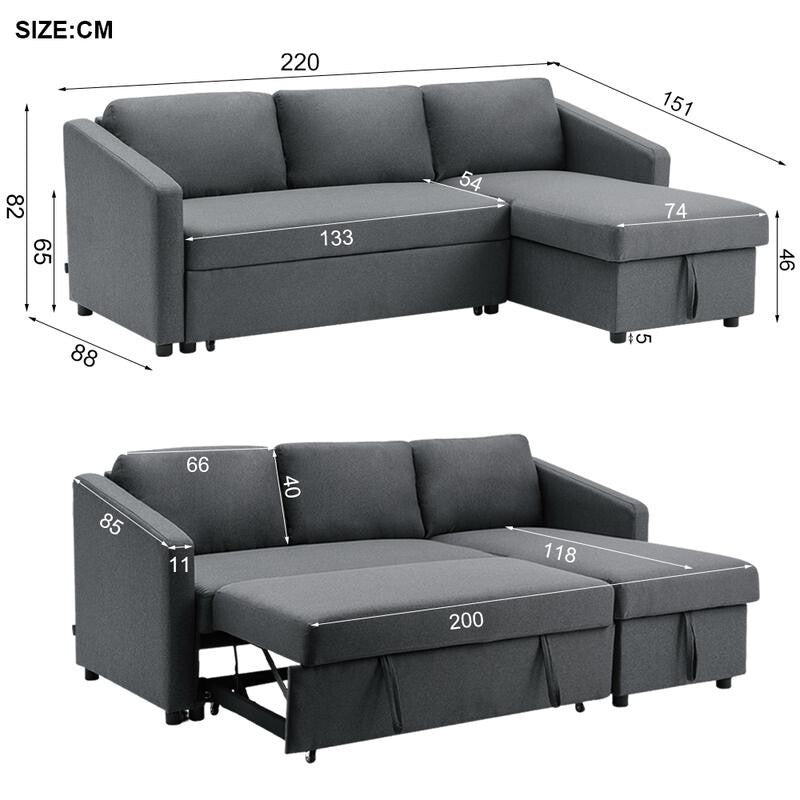 Grey Corner Sofa Bed with Storage 3 Seater Pull Out Sleeper Couch for Flats - Kwikley