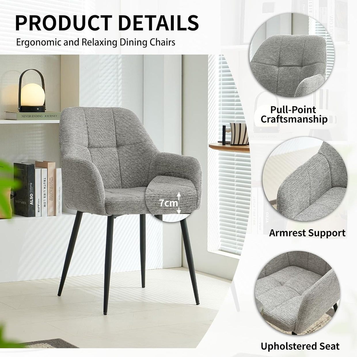 Grey Dining Armchairs Set of 2 Plush Upholstered Fabric Chairs Metal Legs - Kwikley