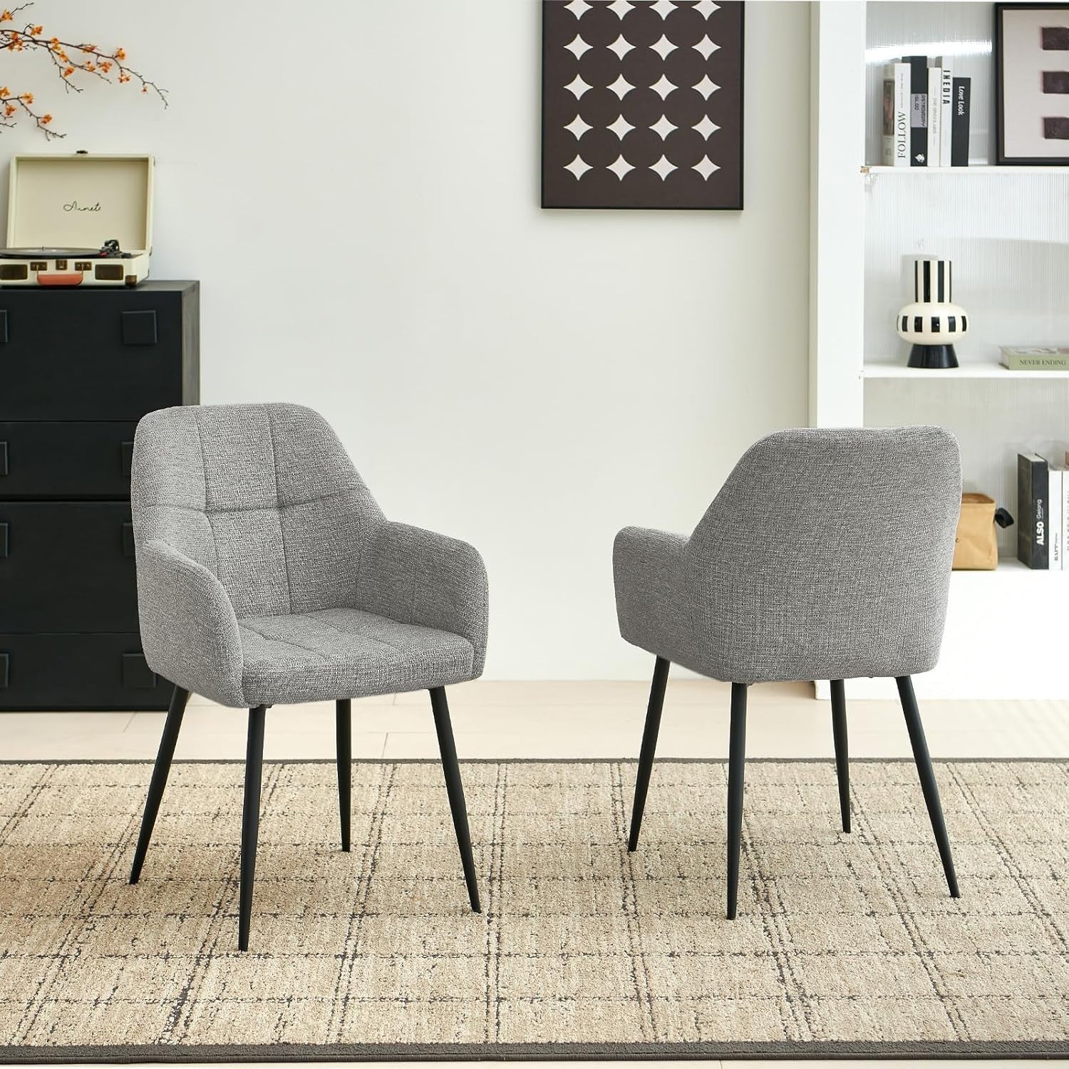 Grey Dining Armchairs Set of 2 Plush Upholstered Fabric Chairs Metal Legs - Kwikley