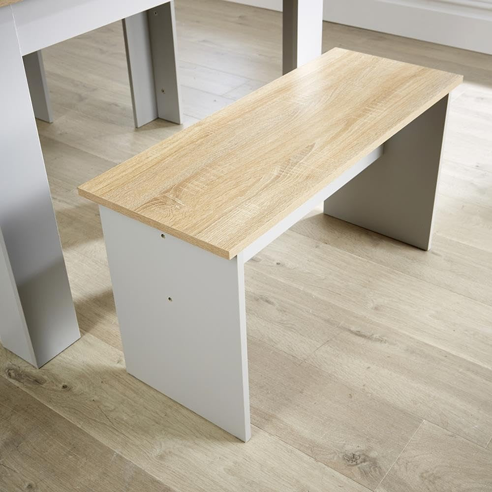 Grey Dining Table & 2 Benches Set – Oak Effect Top, Space Saving, Modern - Kwikley