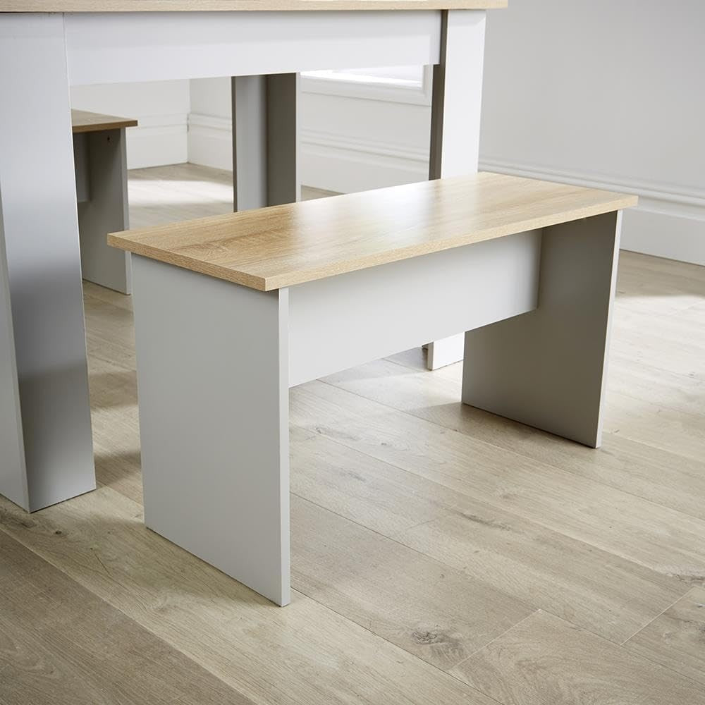 Grey Dining Table & 2 Benches Set – Oak Effect Top, Space Saving, Modern - Kwikley