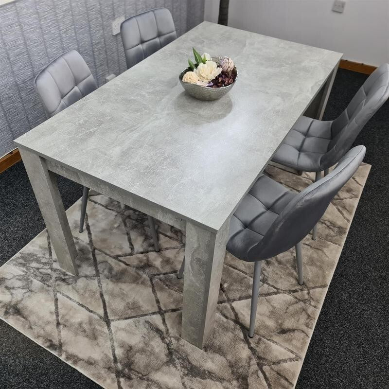 Grey Dining Table Set with 4 Upholstered Chairs – Modern Concrete Look - Kwikley