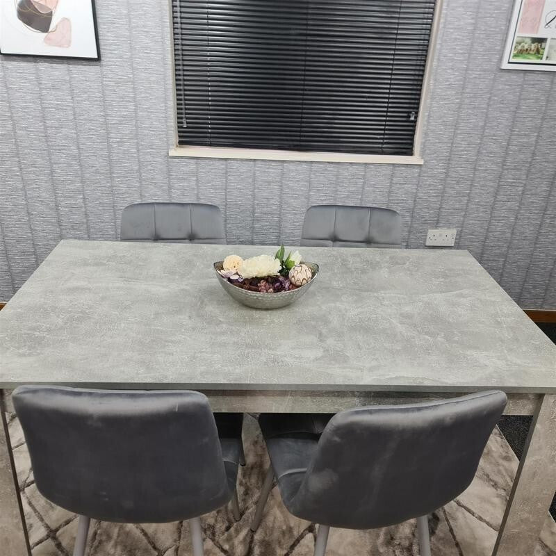 Grey Dining Table Set with 4 Upholstered Chairs – Modern Concrete Look - Kwikley