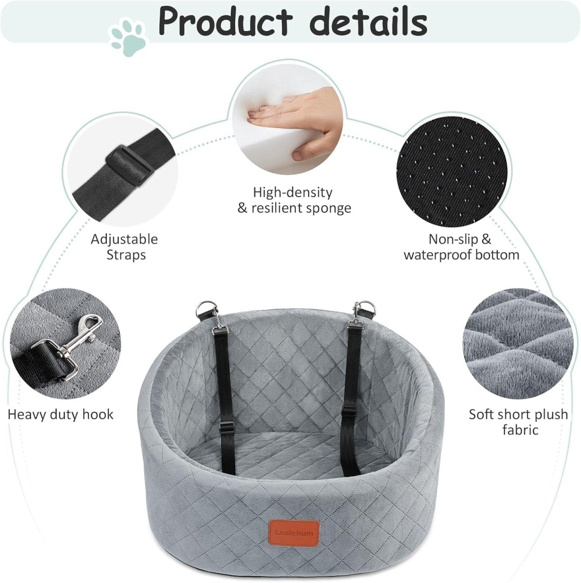 Grey Dog Car Seat Memory Foam Travel Bed w 2 Safety Leashes Small - Kwikley