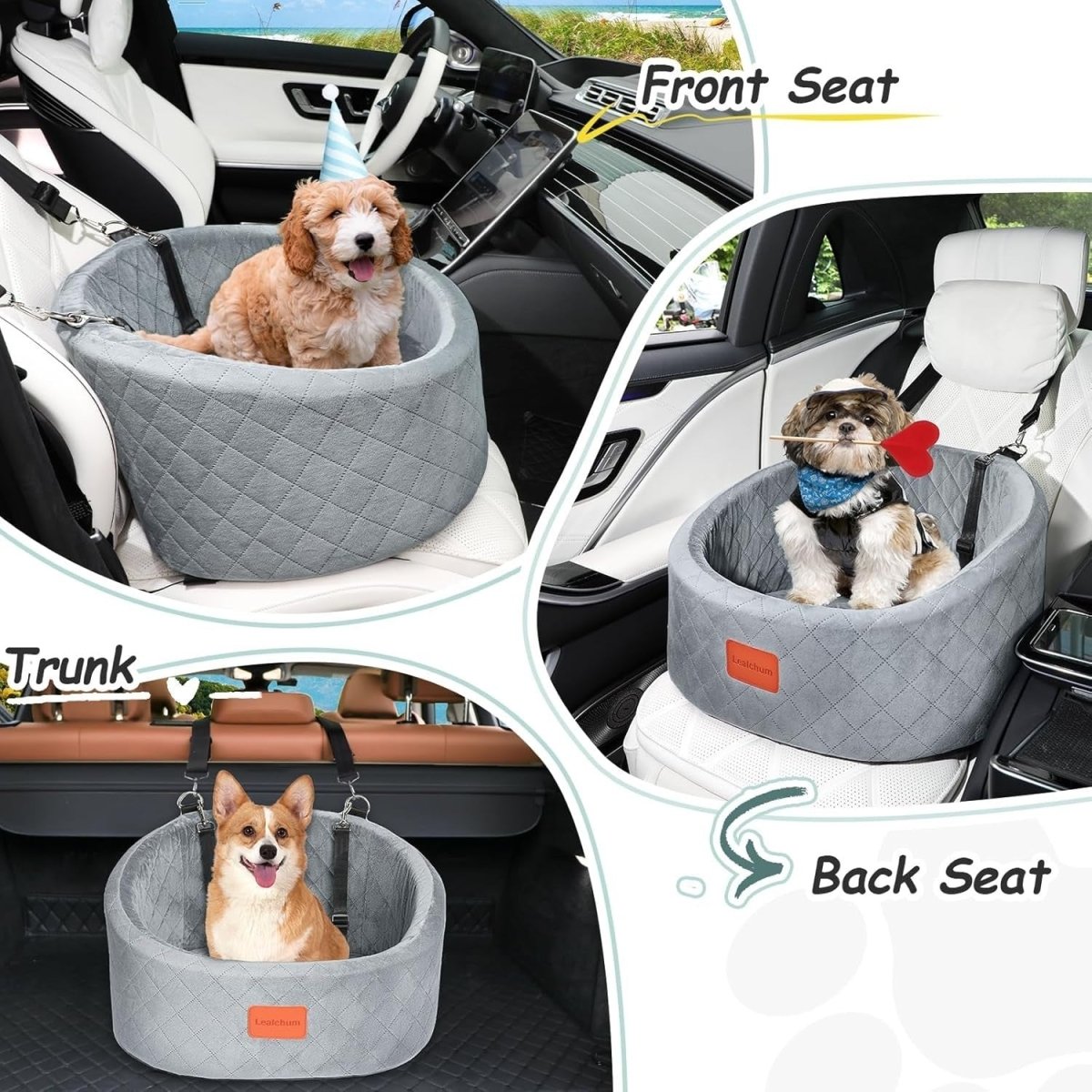 Grey Dog Car Seat Memory Foam Travel Bed w 2 Safety Leashes Small - Kwikley