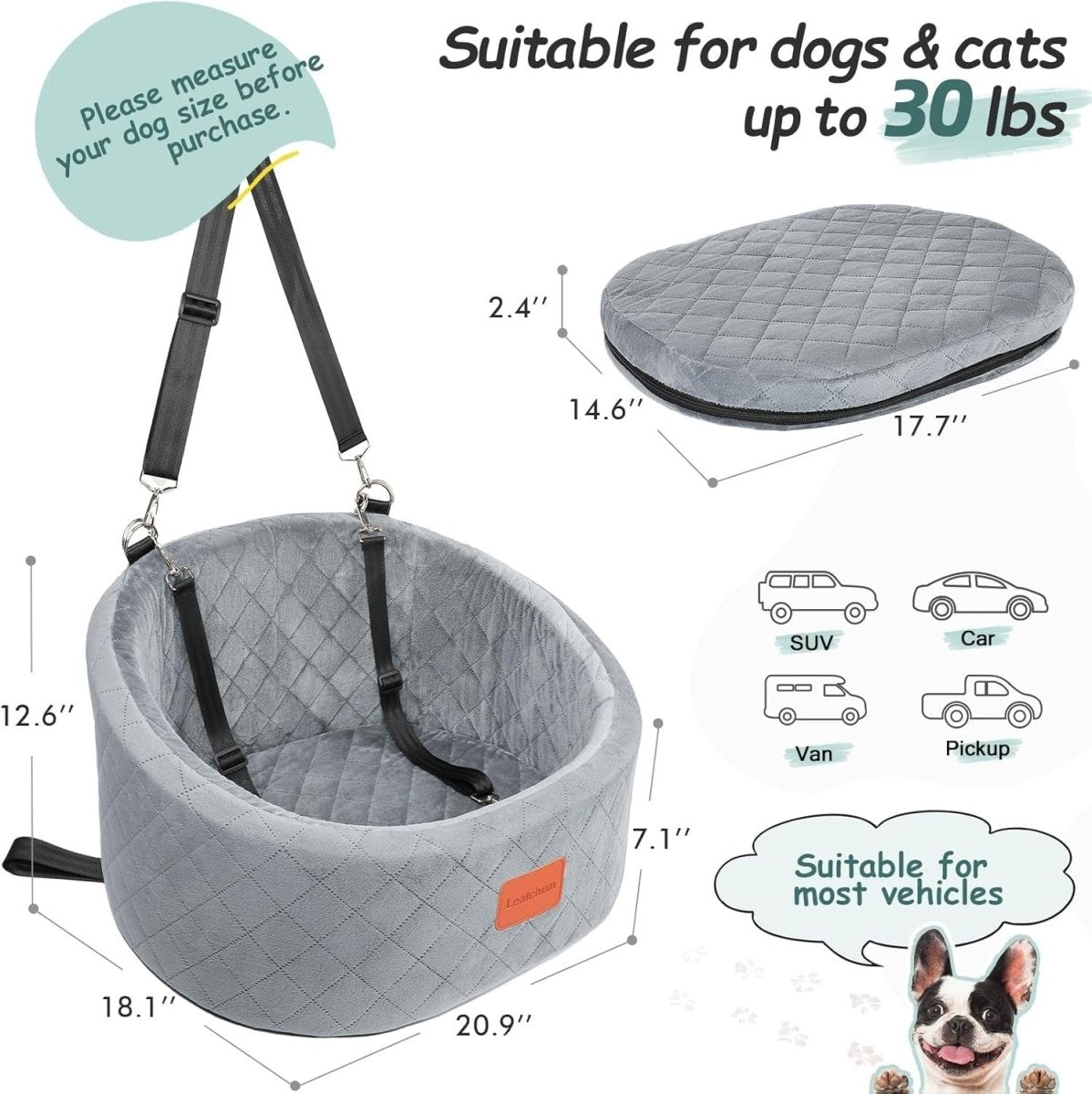 Grey Dog Car Seat Memory Foam Travel Bed w 2 Safety Leashes Small - Kwikley