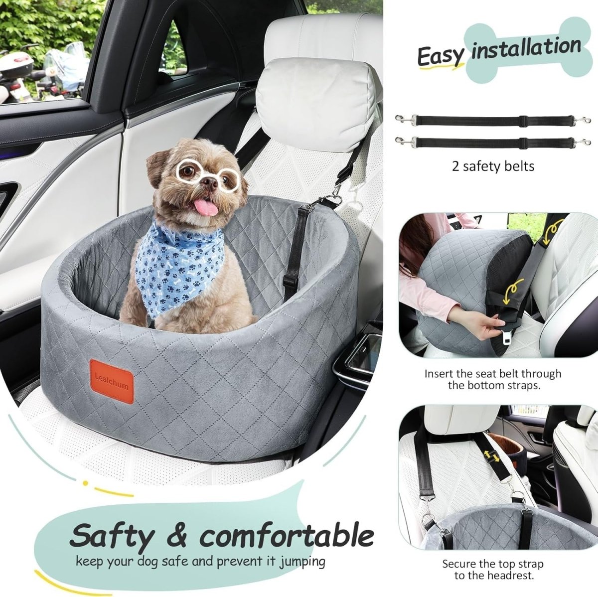 Grey Dog Car Seat Memory Foam Travel Bed w 2 Safety Leashes Small - Kwikley