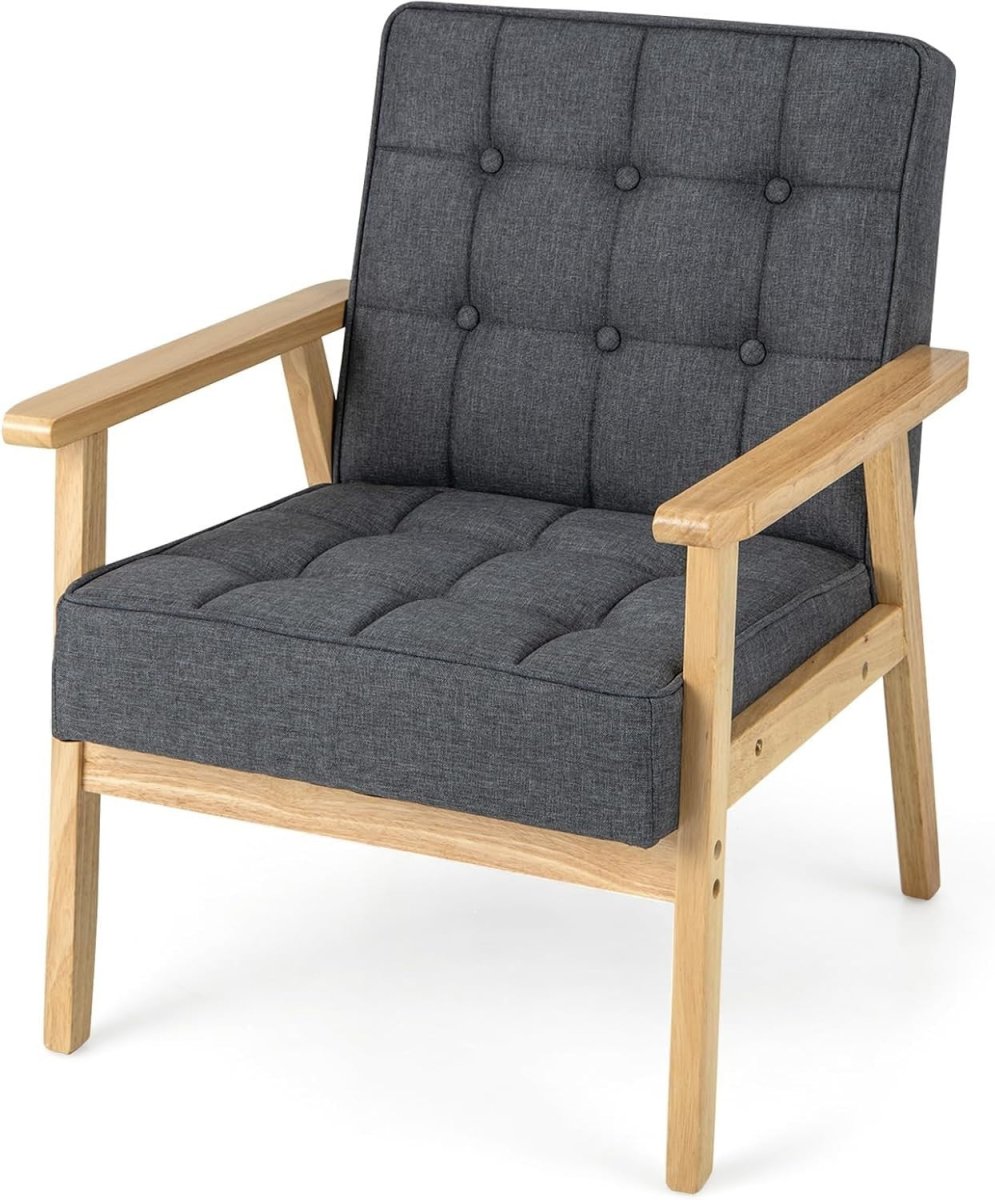 Grey Fabric Accent Chair Wooden Arm Tufted Lounge Armchair Sofa Seat - Kwikley