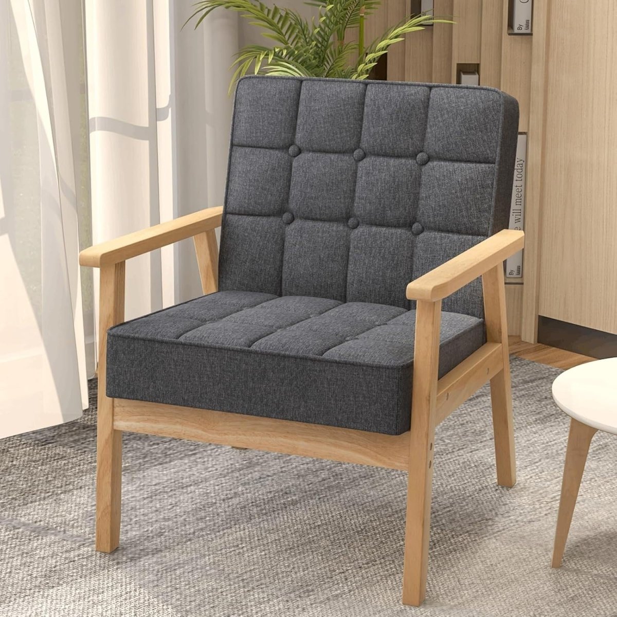 Grey Fabric Accent Chair Wooden Arm Tufted Lounge Armchair Sofa Seat - Kwikley