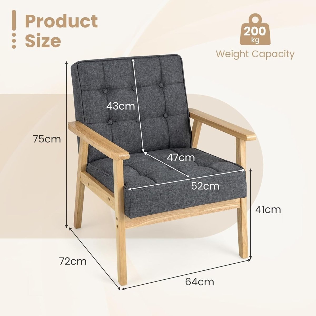 Grey Fabric Accent Chair Wooden Arm Tufted Lounge Armchair Sofa Seat - Kwikley