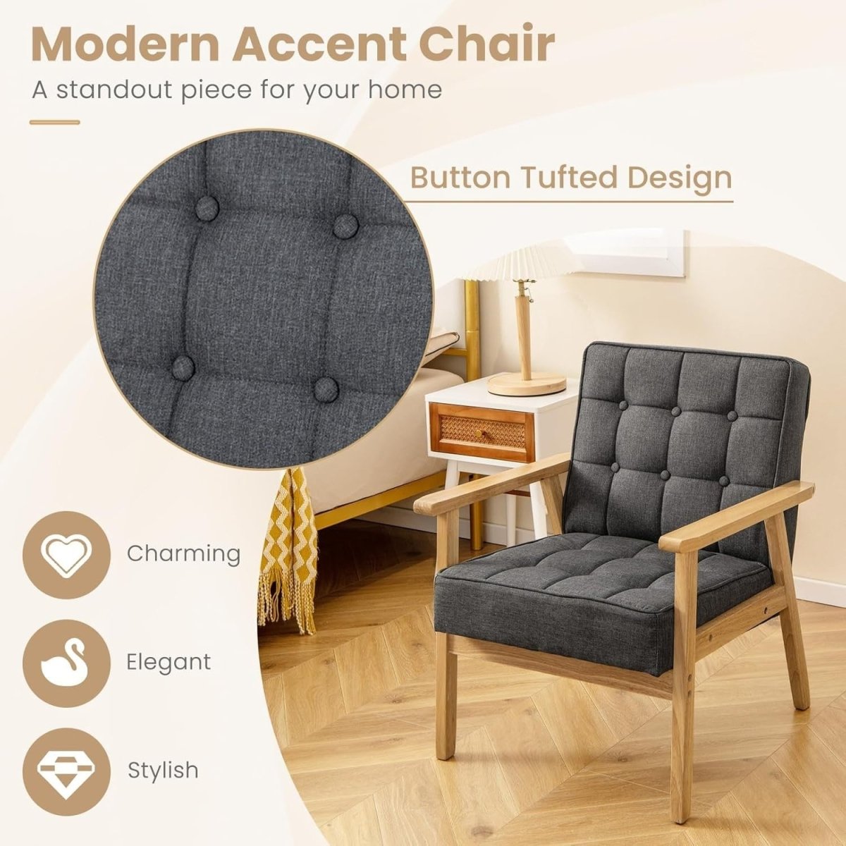 Grey Fabric Accent Chair Wooden Arm Tufted Lounge Armchair Sofa Seat - Kwikley