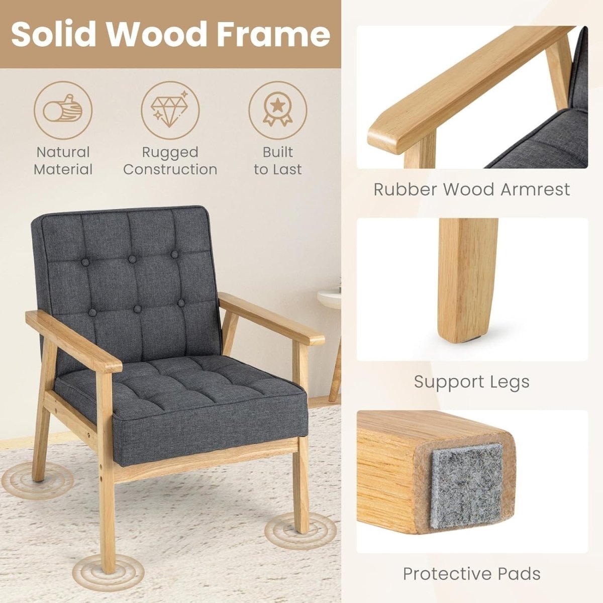 Grey Fabric Accent Chair Wooden Arm Tufted Lounge Armchair Sofa Seat - Kwikley