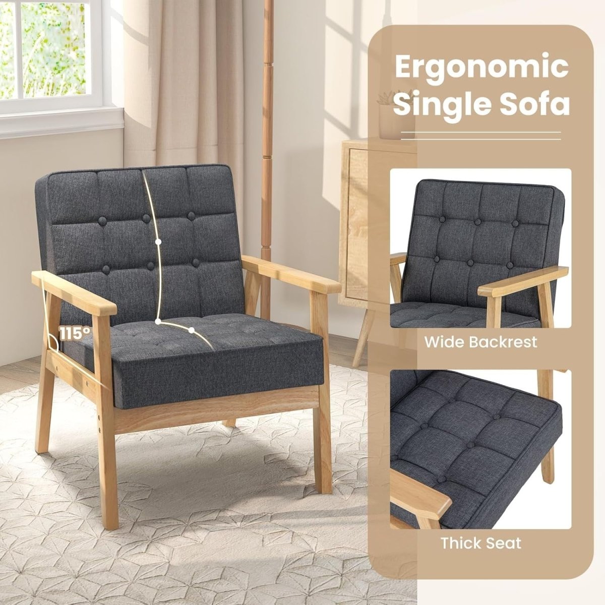 Grey Fabric Accent Chair Wooden Arm Tufted Lounge Armchair Sofa Seat - Kwikley
