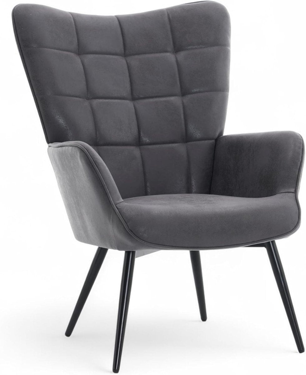 Grey Faux Leather Wingback Accent Chair Tufted Lounge Armchair - Kwikley