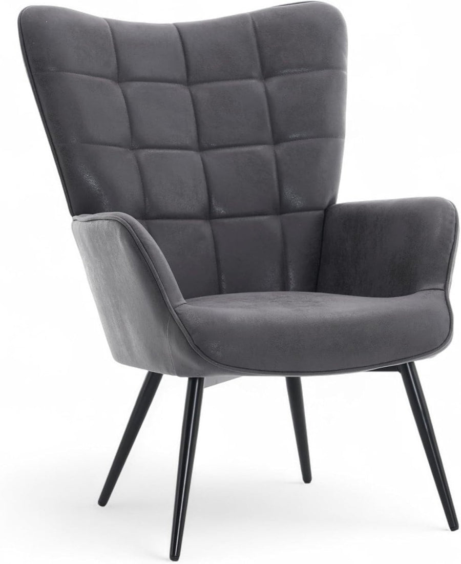 Grey Faux Leather Wingback Accent Chair Tufted Lounge Armchair - Kwikley