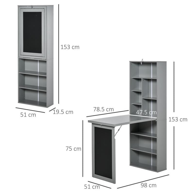 Grey Folding Wall Desk with Blackboard & Bookcase – Space Saving Office Unit - Kwikley
