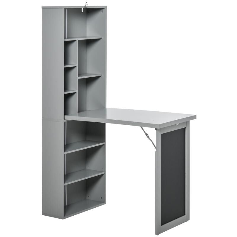 Grey Folding Wall Desk with Blackboard & Bookcase – Space Saving Office Unit - Kwikley