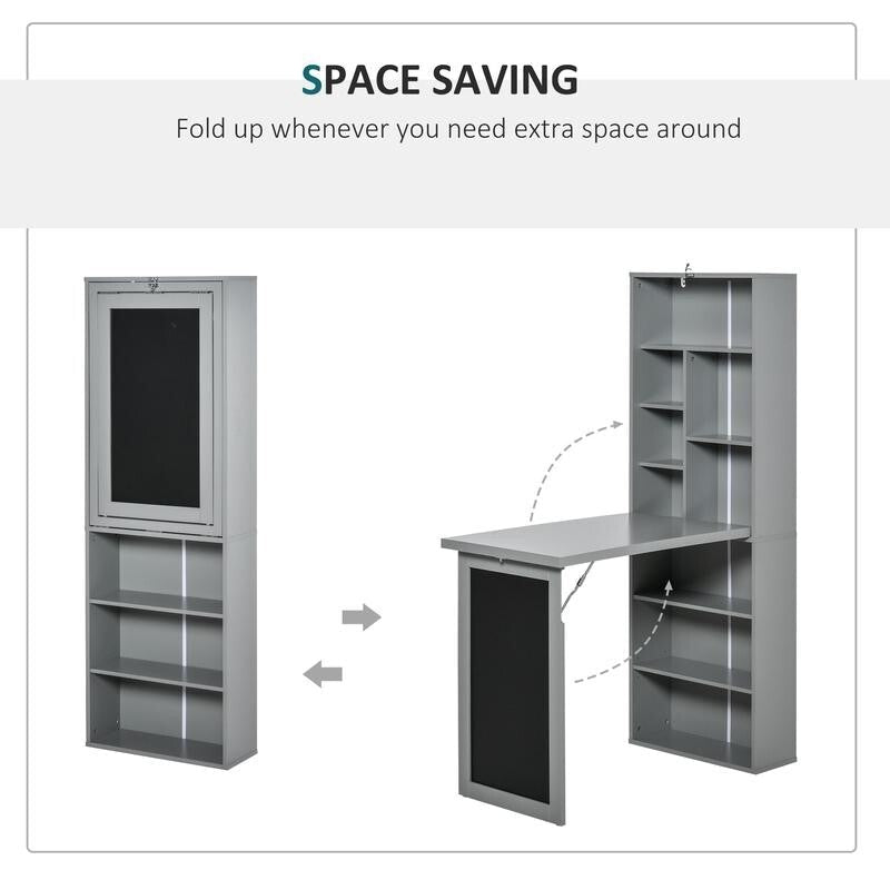 Grey Folding Wall Desk with Blackboard & Bookcase – Space Saving Office Unit - Kwikley