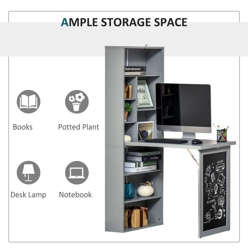 Grey Folding Wall Desk with Blackboard & Bookcase – Space Saving Office Unit - Kwikley