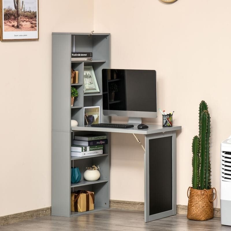 Grey Folding Wall Desk with Blackboard & Bookcase – Space Saving Office Unit - Kwikley