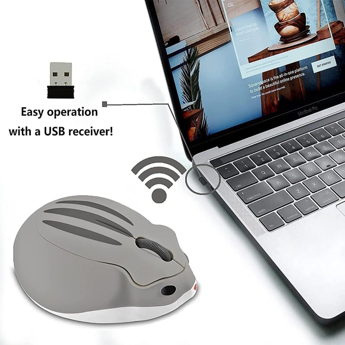 Grey Hamster Wireless Mouse Silent 1200DPI Cute USB PC Laptop - Kwikley