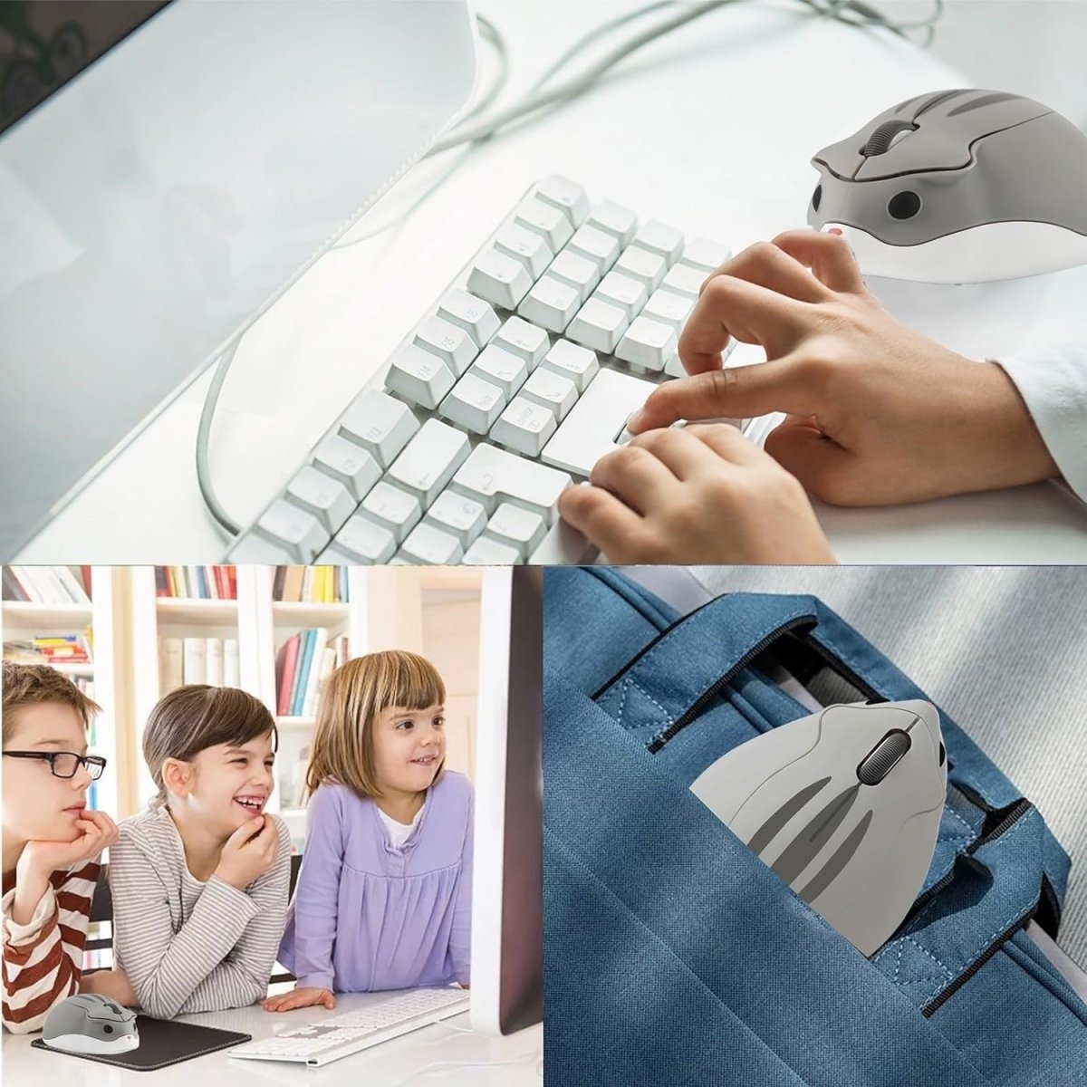 Grey Hamster Wireless Mouse Silent 1200DPI Cute USB PC Laptop - Kwikley