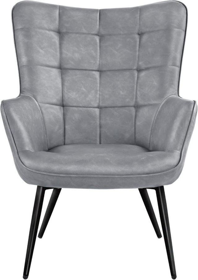 Grey High Back Faux Leather Accent Chair Tufted Armchair Lounge