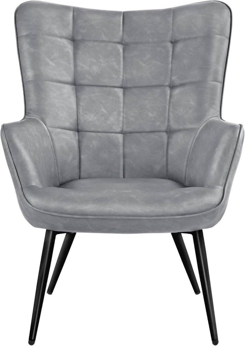 Grey High Back Faux Leather Accent Chair Tufted Armchair Lounge - Kwikley