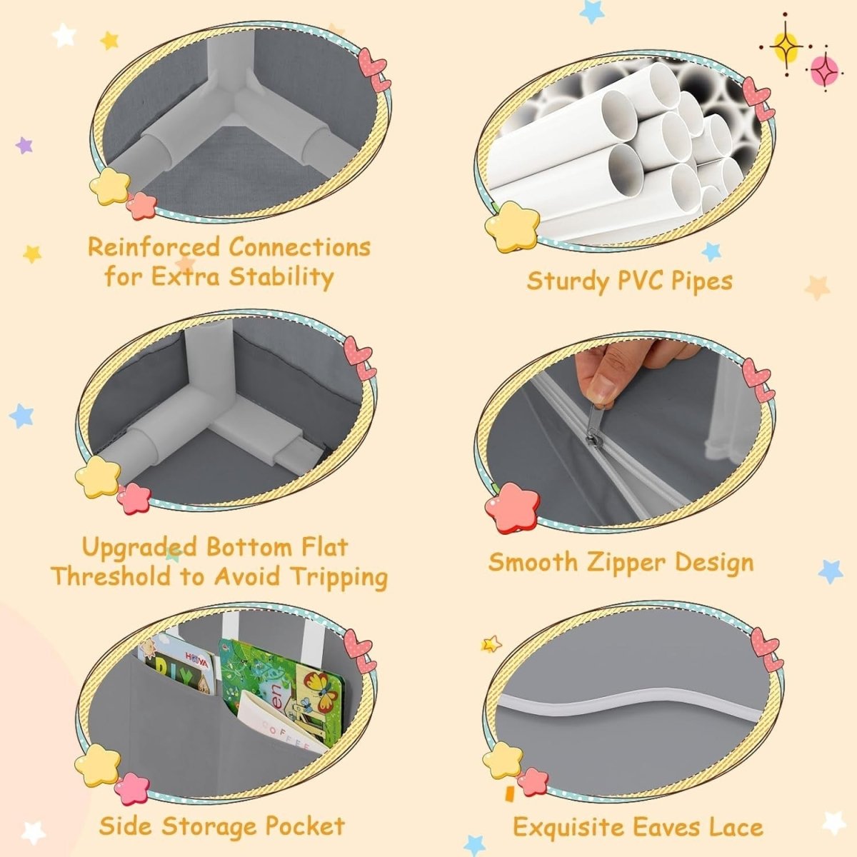 Grey Kids Indoor Play Tent With Star Lights Washable Mat Castle - Kwikley