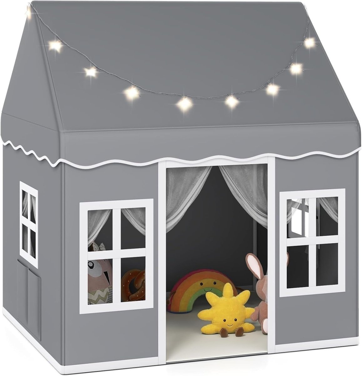 Grey Kids Indoor Play Tent With Star Lights Washable Mat Castle - Kwikley