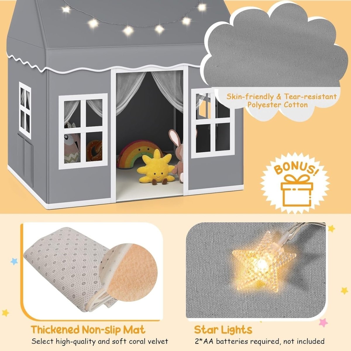 Grey Kids Indoor Play Tent With Star Lights Washable Mat Castle - Kwikley