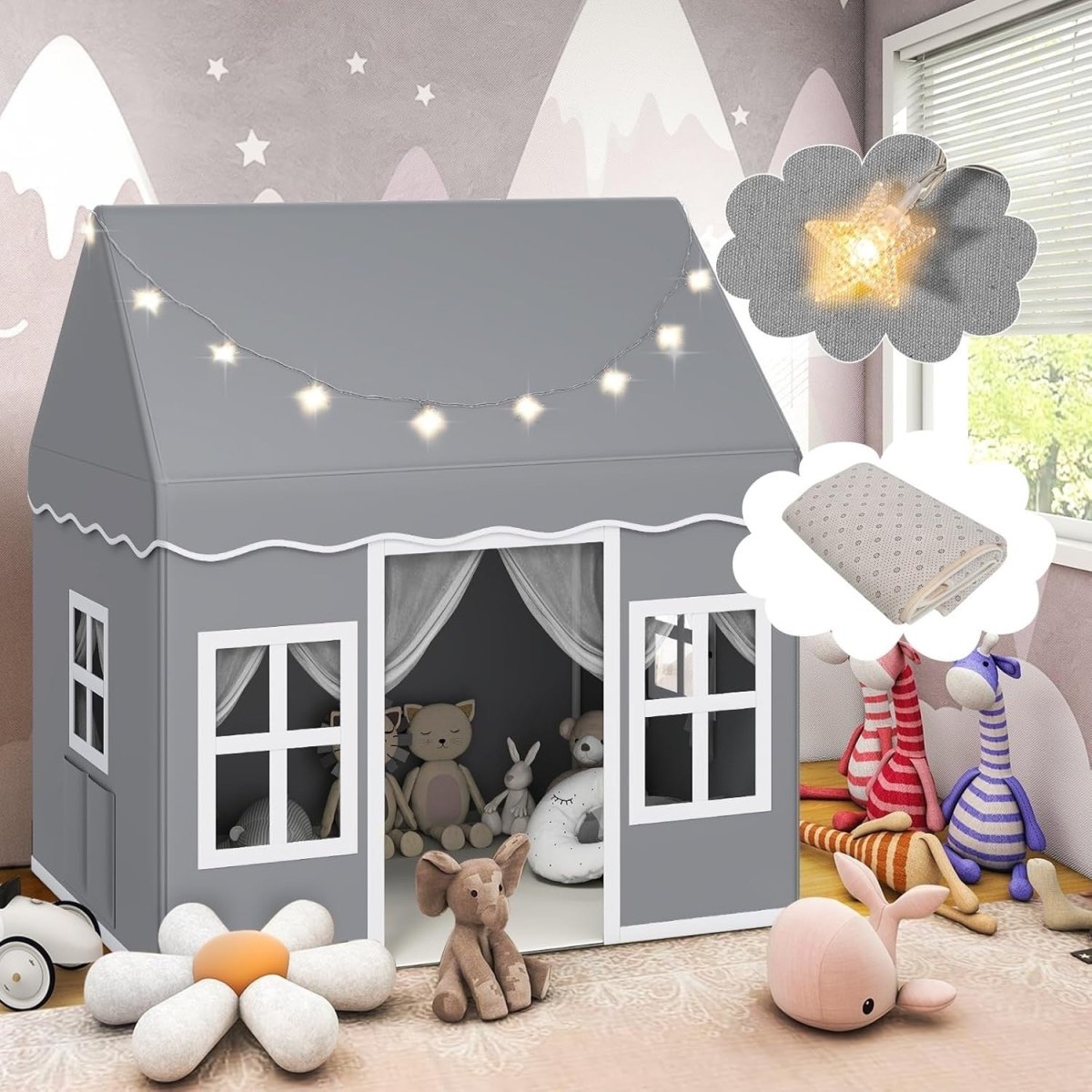 Grey Kids Indoor Play Tent With Star Lights Washable Mat Castle - Kwikley