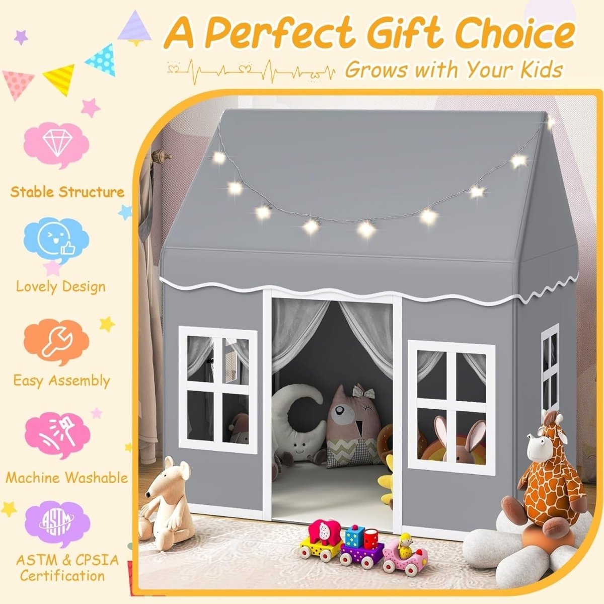 Grey Kids Indoor Play Tent With Star Lights Washable Mat Castle - Kwikley