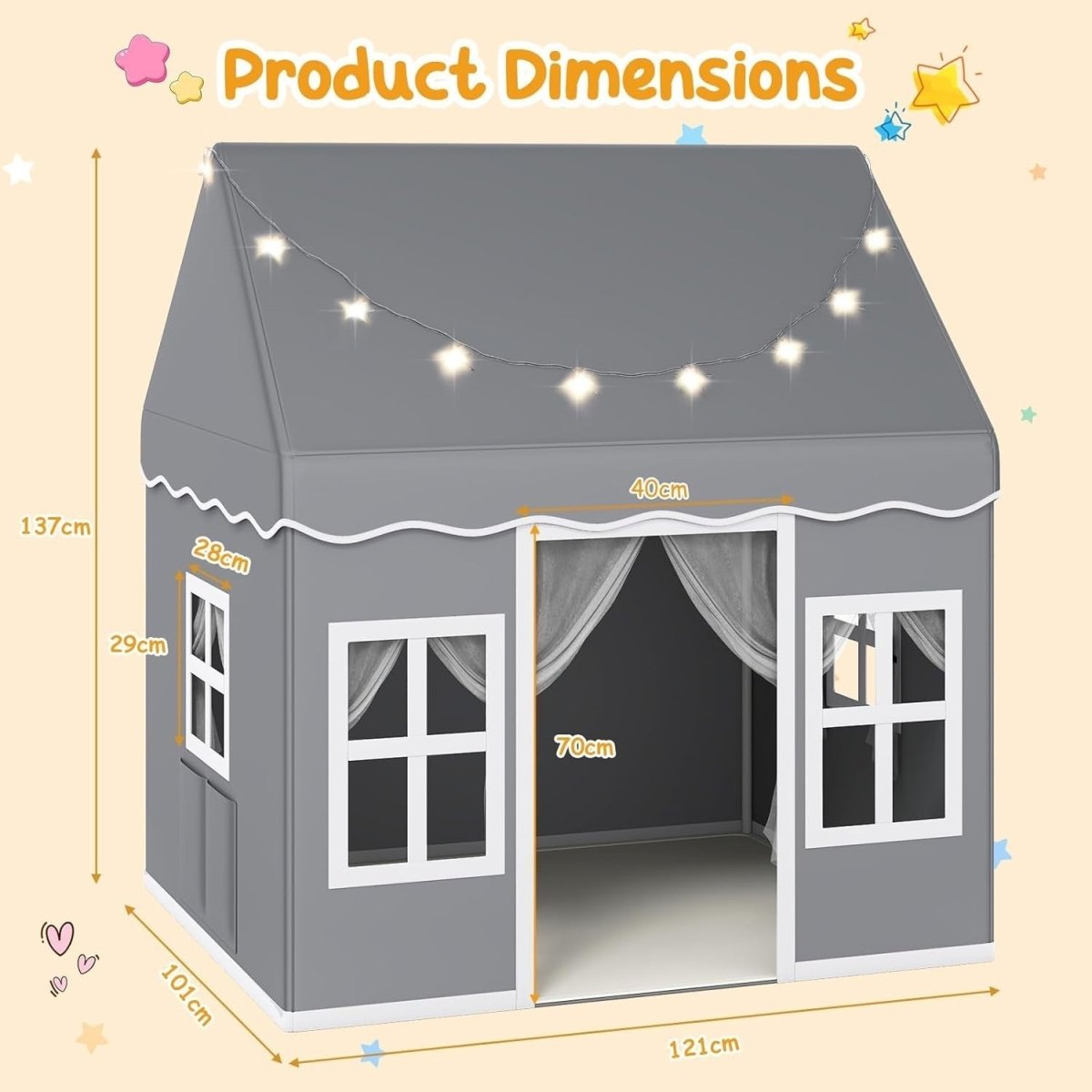 Grey Kids Indoor Play Tent With Star Lights Washable Mat Castle - Kwikley