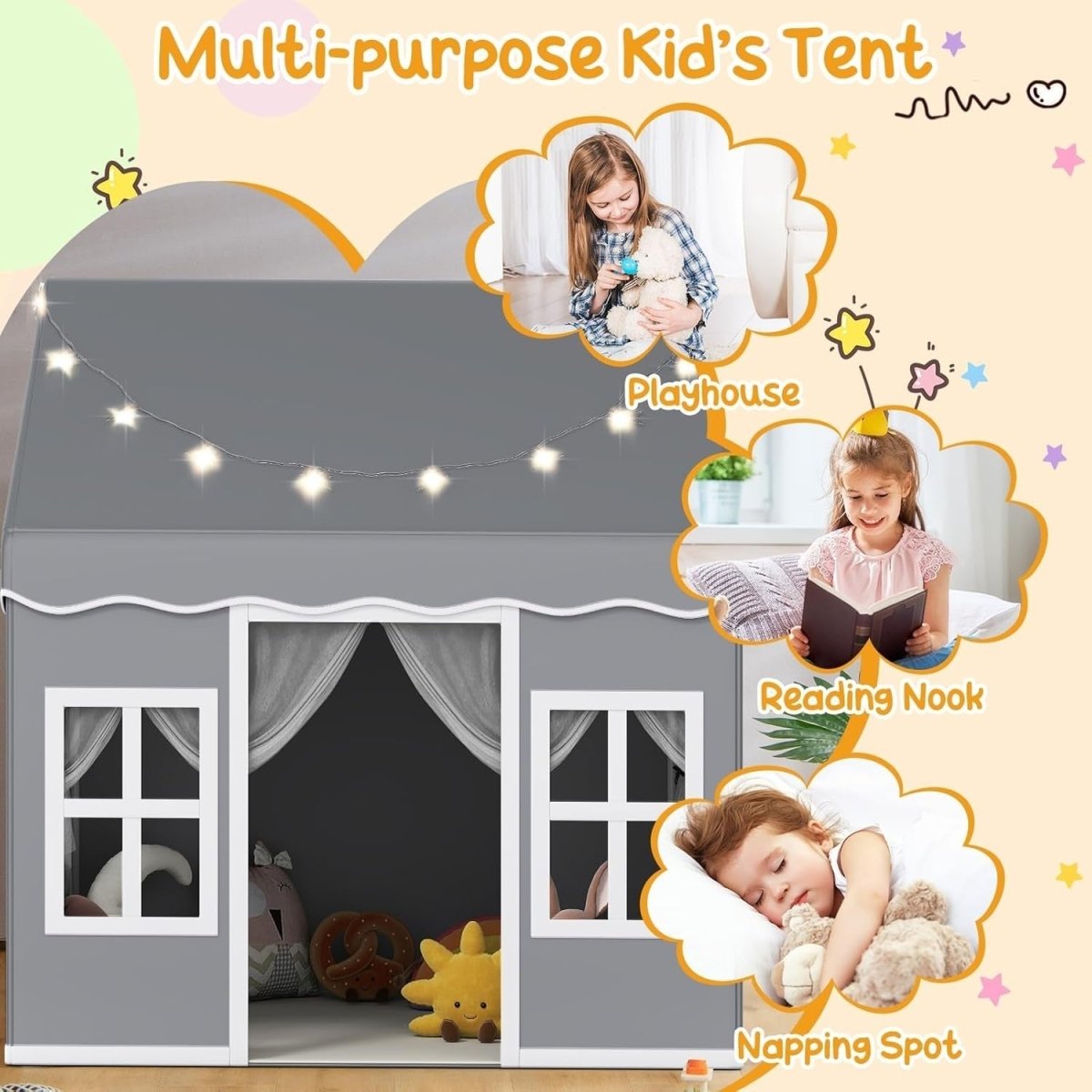 Grey Kids Indoor Play Tent With Star Lights Washable Mat Castle - Kwikley