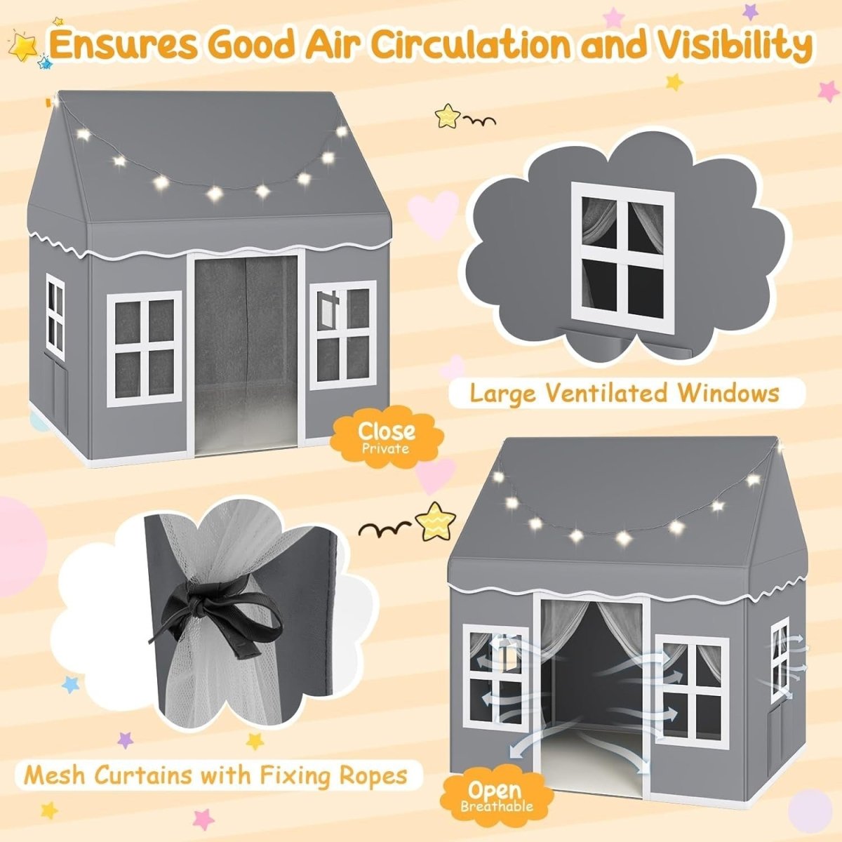 Grey Kids Indoor Play Tent With Star Lights Washable Mat Castle - Kwikley