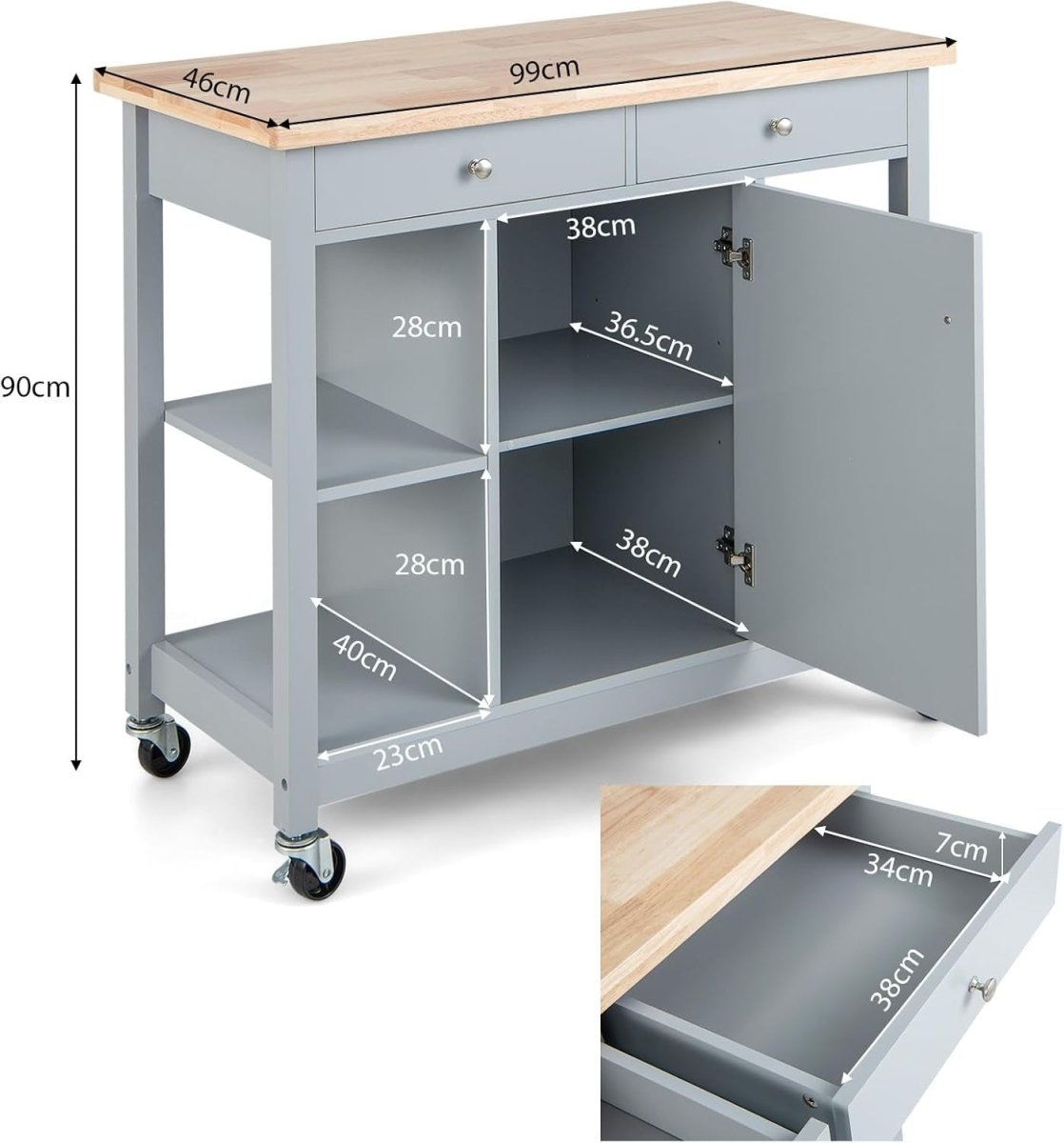 Grey Kitchen Island Cart 99cm Rubber Wood Top - Kwikley