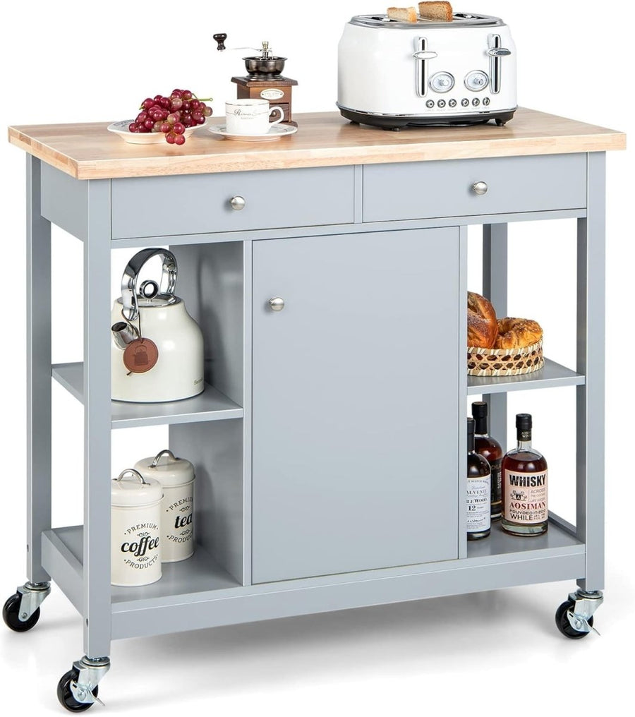 Grey Kitchen Island Cart 99cm Rubber Wood Top - Kwikley