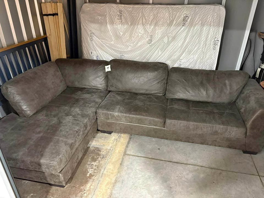 Grey Leather Corner Sofa L - Shape + Large Footstool (PTP) - Kwikley