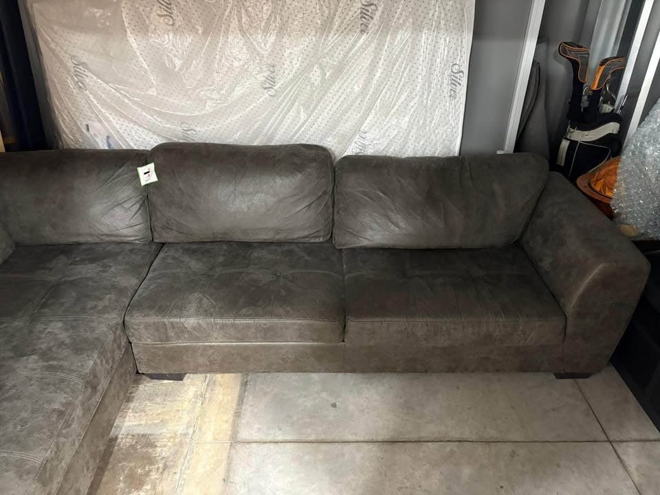 Grey Leather Corner Sofa L - Shape + Large Footstool (PTP) - Kwikley