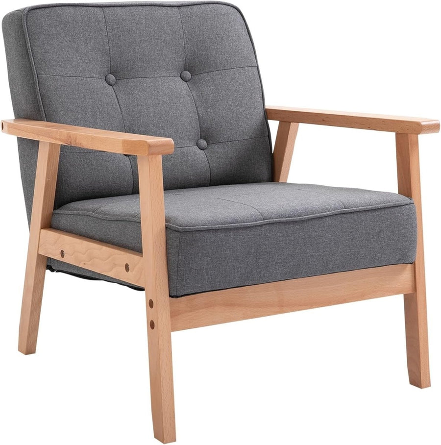Grey Linen Accent Chair Wooden Frame Lounge Armchair - Kwikley
