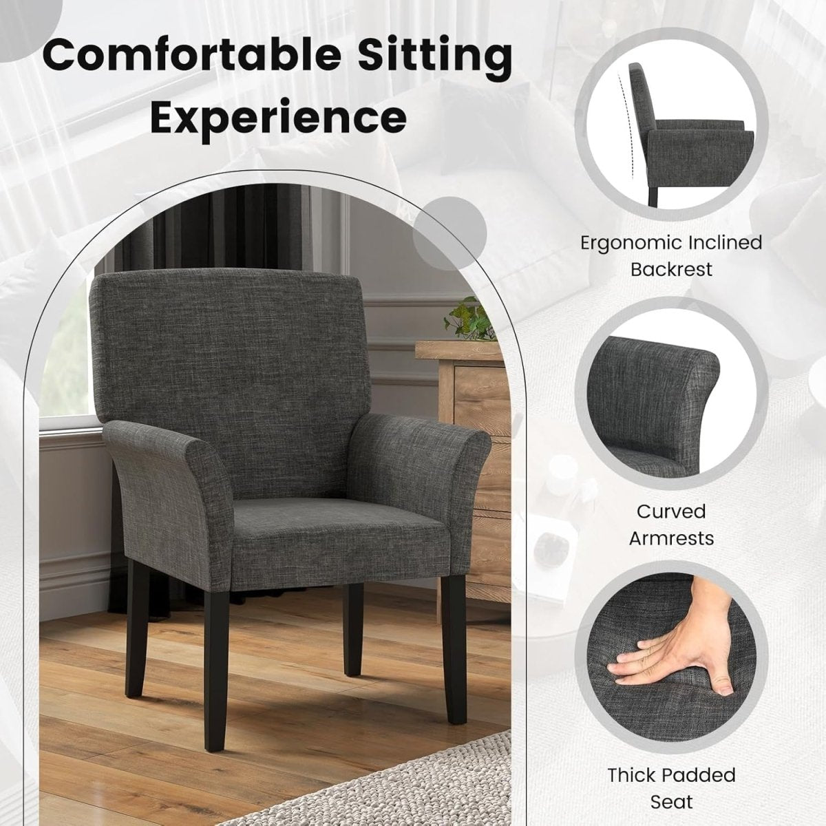 Grey Linen Fabric Accent Chair Lounge Armchair Wood Legs - Kwikley