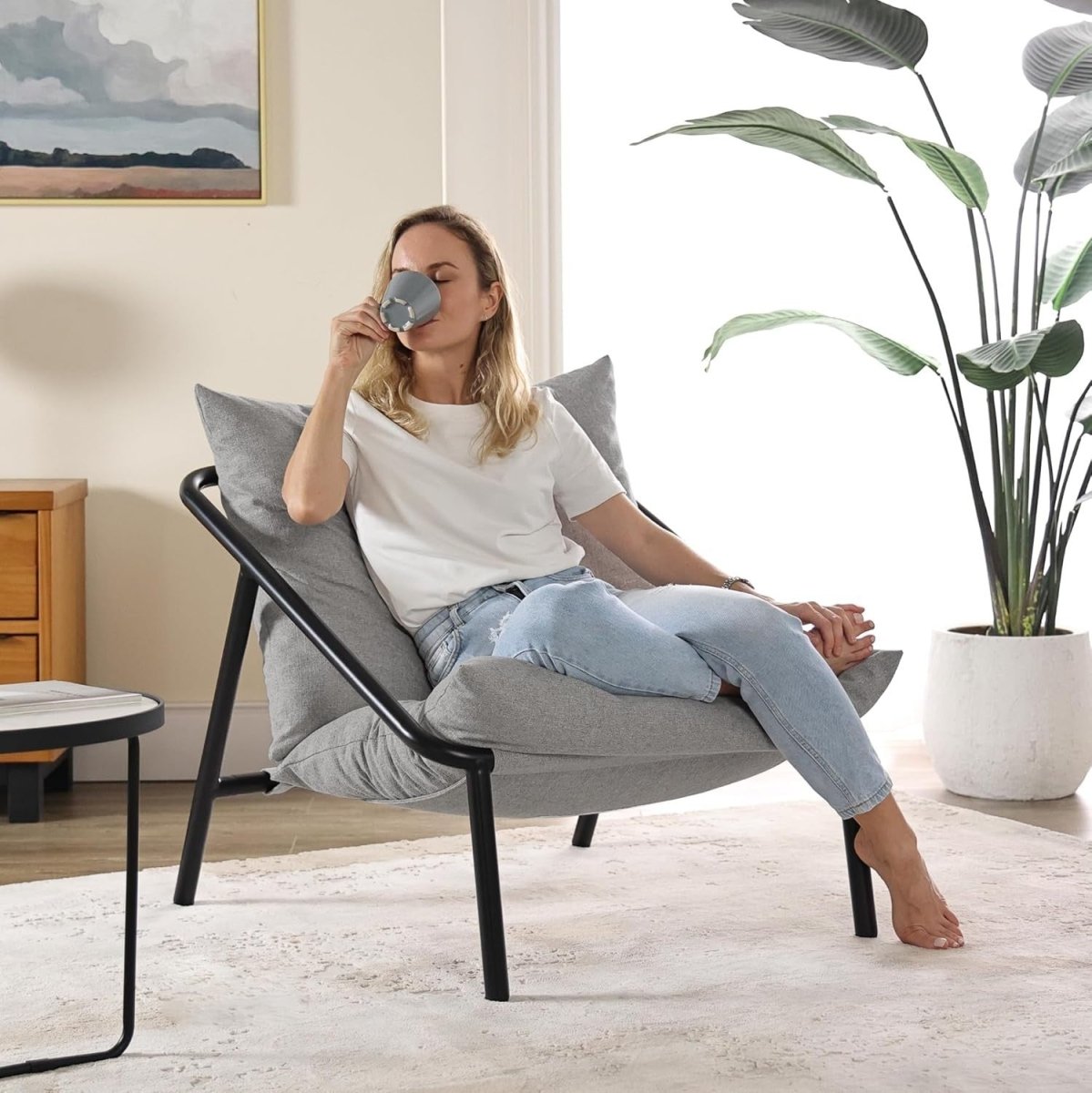 Grey Metal Frame Accent Chair | Shredded Foam Lounge Armchair, Modern - Kwikley