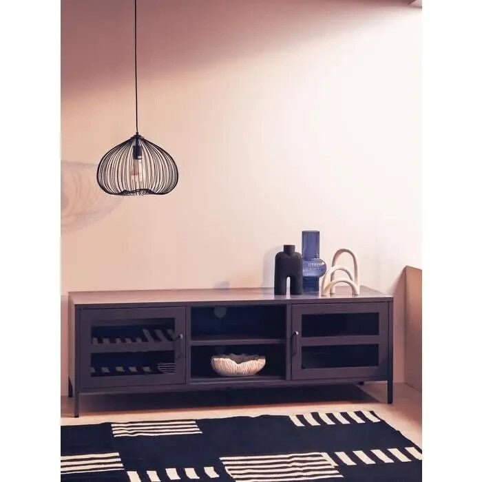 Grey Metal TV Stand with Glass Doors – Industrial Media Console Cabinet - Kwikley