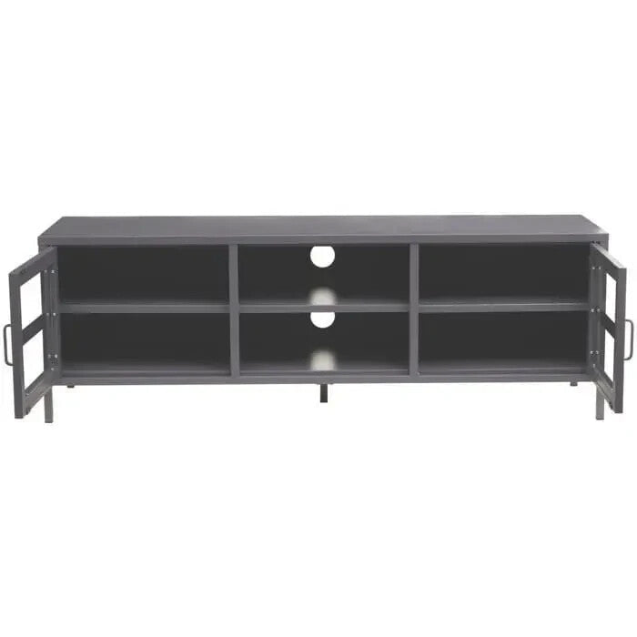 Grey Metal TV Stand with Glass Doors – Industrial Media Console Cabinet - Kwikley
