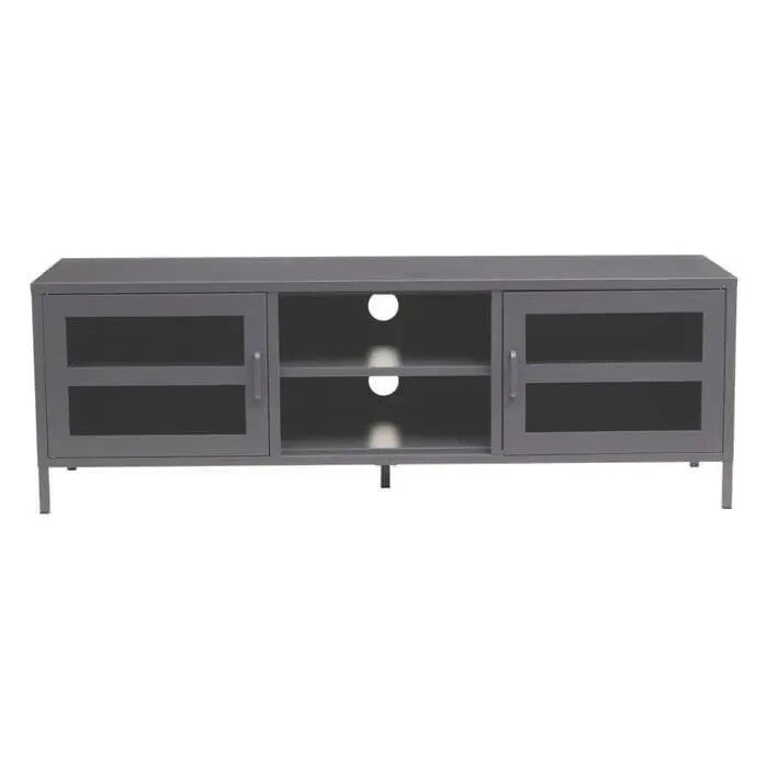 Grey Metal TV Stand with Glass Doors – Industrial Media Console Cabinet - Kwikley