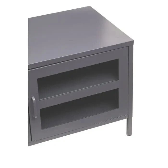 Grey Metal TV Stand with Glass Doors – Industrial Media Console Cabinet - Kwikley