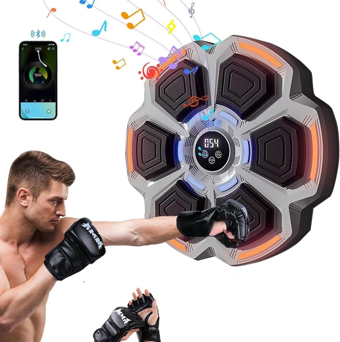 Grey Music Boxing Machine Orange LED Bluetooth Wall Punch Trainer 9 Modes - Kwikley