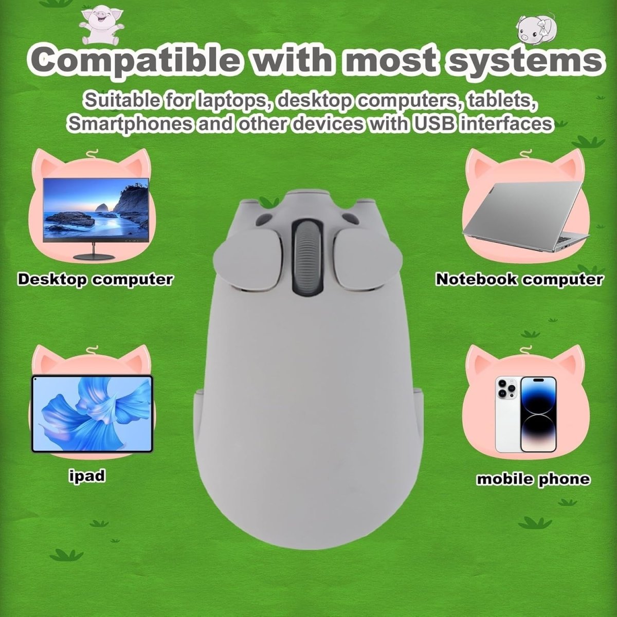 Grey Pig Wireless Mouse Bluetooth 5.1 2.4G Silent 1200DPI - Kwikley